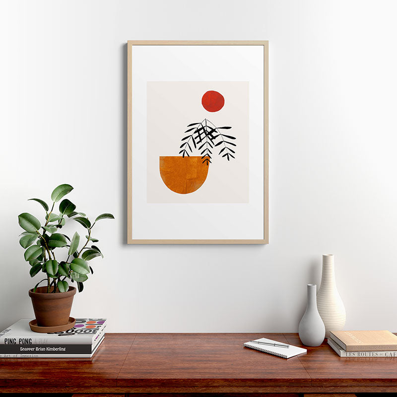 Autumn Vine' Minimal Mid Century Abstract Shapes With Floral Plant Motif Boho Vintage Paper Collage Line Drawing Framed Art Print