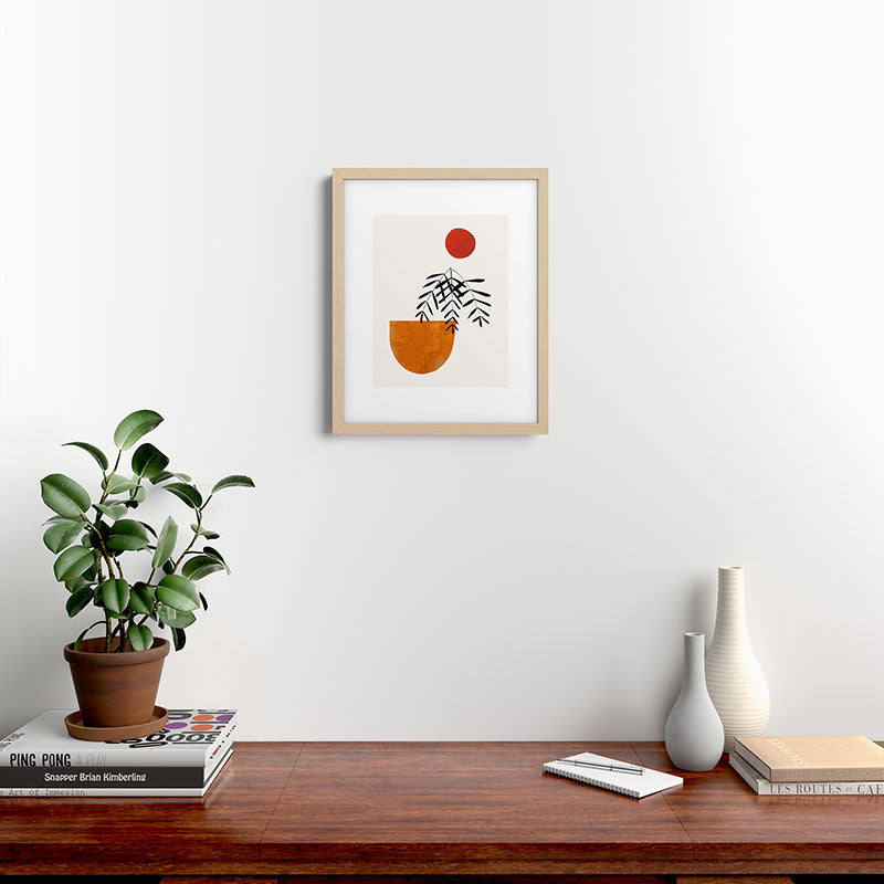Autumn Vine' Minimal Mid Century Abstract Shapes With Floral Plant Motif Boho Vintage Paper Collage Line Drawing Framed Art Print