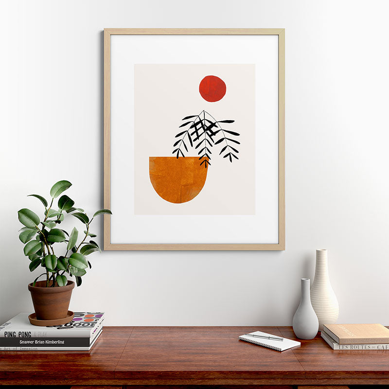 Autumn Vine' Minimal Mid Century Abstract Shapes With Floral Plant Motif Boho Vintage Paper Collage Line Drawing Framed Art Print