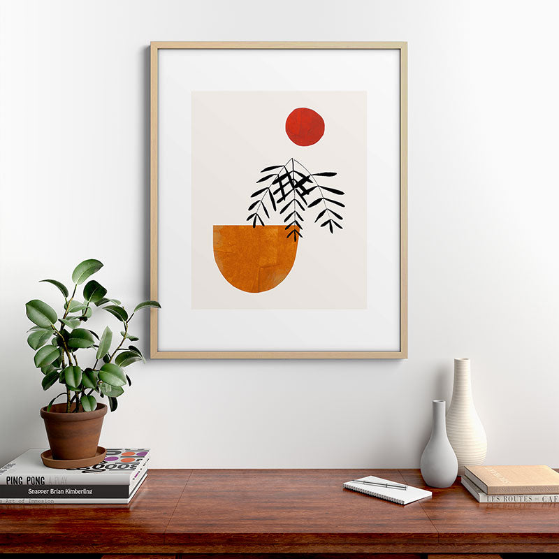 Autumn Vine' Minimal Mid Century Abstract Shapes With Floral Plant Motif Boho Vintage Paper Collage Line Drawing Framed Art Print