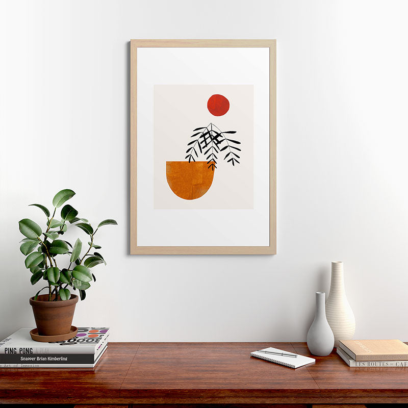 Autumn Vine' Minimal Mid Century Abstract Shapes With Floral Plant Motif Boho Vintage Paper Collage Line Drawing Framed Art Print