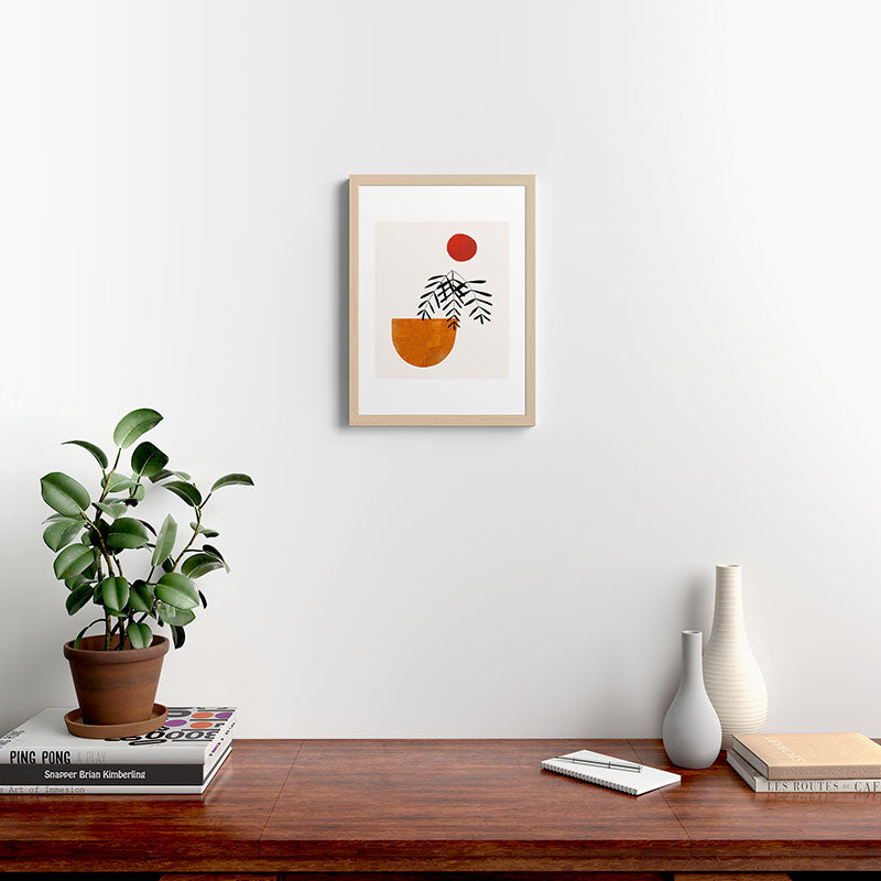 Autumn Vine' Minimal Mid Century Abstract Shapes With Floral Plant Motif Boho Vintage Paper Collage Line Drawing Framed Art Print