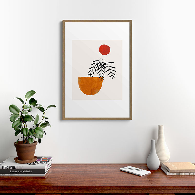 Autumn Vine' Minimal Mid Century Abstract Shapes With Floral Plant Motif Boho Vintage Paper Collage Line Drawing Framed Art Print