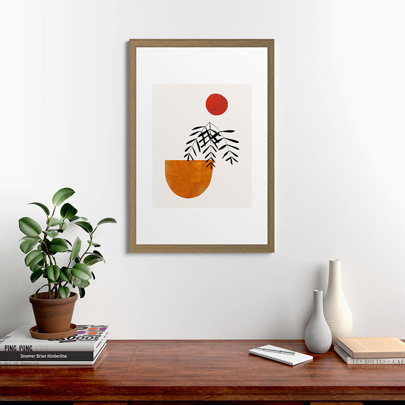Autumn Vine' Minimal Mid Century Abstract Shapes With Floral Plant Motif Boho Vintage Paper Collage Line Drawing Framed Art Print