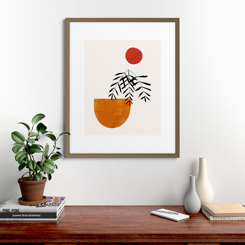 Autumn Vine' Minimal Mid Century Abstract Shapes With Floral Plant Motif Boho Vintage Paper Collage Line Drawing Framed Art Print