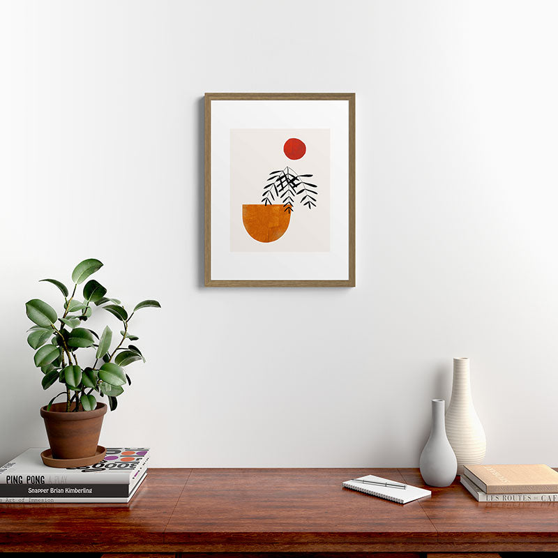 Autumn Vine' Minimal Mid Century Abstract Shapes With Floral Plant Motif Boho Vintage Paper Collage Line Drawing Framed Art Print