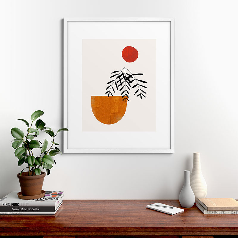 Autumn Vine' Minimal Mid Century Abstract Shapes With Floral Plant Motif Boho Vintage Paper Collage Line Drawing Framed Art Print