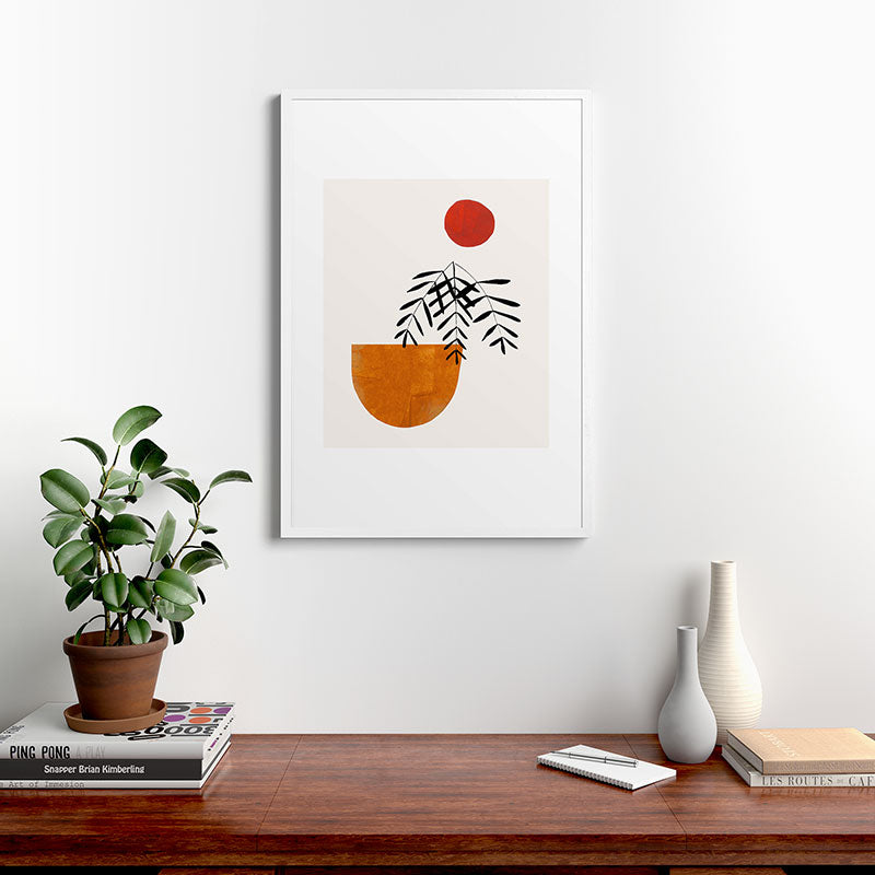 Autumn Vine' Minimal Mid Century Abstract Shapes With Floral Plant Motif Boho Vintage Paper Collage Line Drawing Framed Art Print