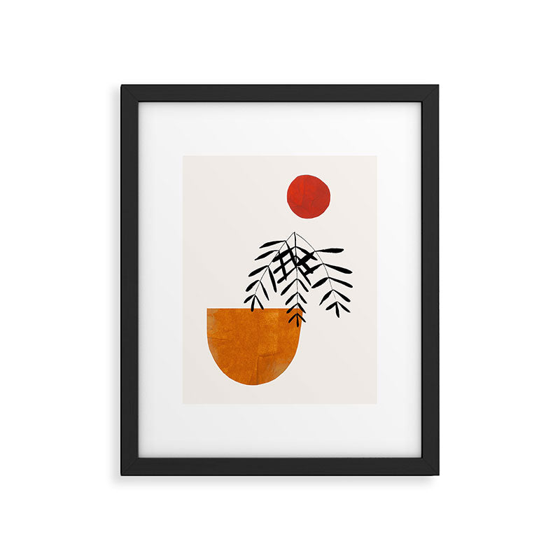 Autumn Vine' Minimal Mid Century Abstract Shapes With Floral Plant Motif Boho Vintage Paper Collage Line Drawing Framed Art Print