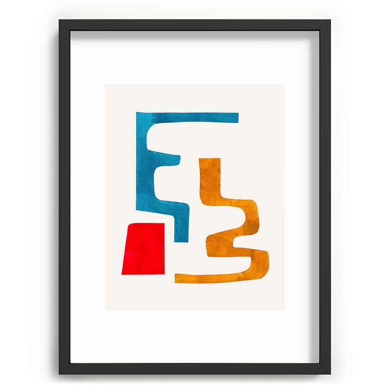 Falling Down' Paper Collage Fun Colorful Shapes Mid Century Minimal Abstract Art by Ejaaz Haniff Framed Art Print