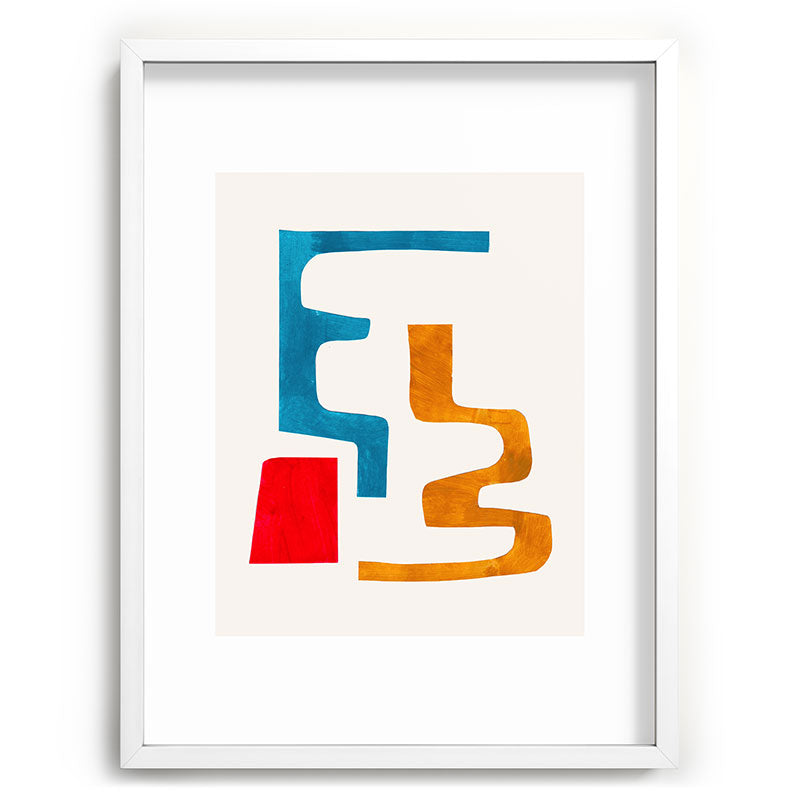 Falling Down' Paper Collage Fun Colorful Shapes Mid Century Minimal Abstract Art by Ejaaz Haniff Framed Art Print