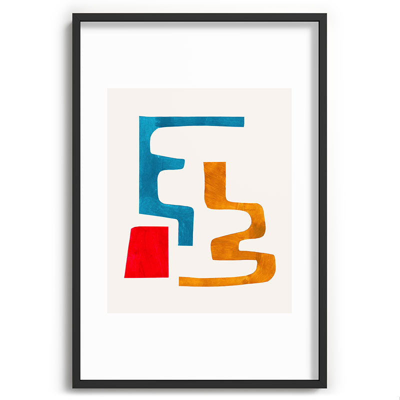Falling Down' Paper Collage Fun Colorful Shapes Mid Century Minimal Abstract Art by Ejaaz Haniff Framed Art Print