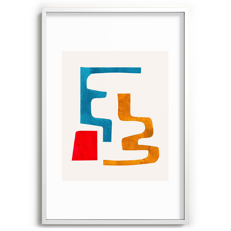 Falling Down' Paper Collage Fun Colorful Shapes Mid Century Minimal Abstract Art by Ejaaz Haniff Framed Art Print