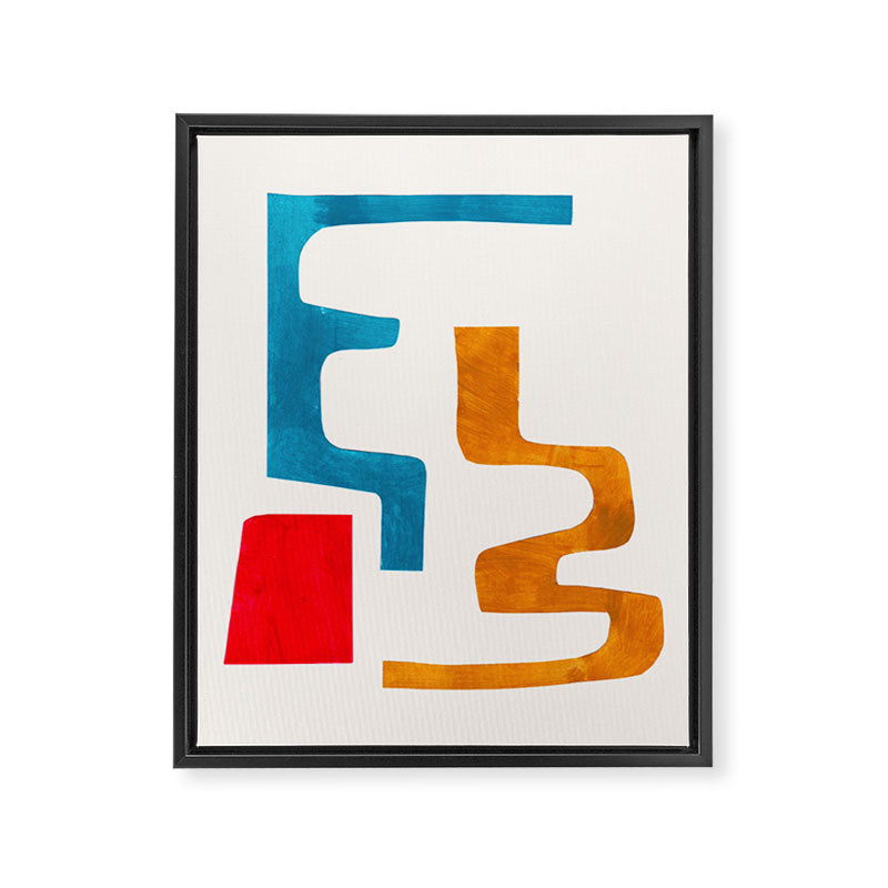 Falling Down' Paper Collage Fun Colorful Shapes Mid Century Minimal Abstract Art by Ejaaz Haniff Framed Canvas Print