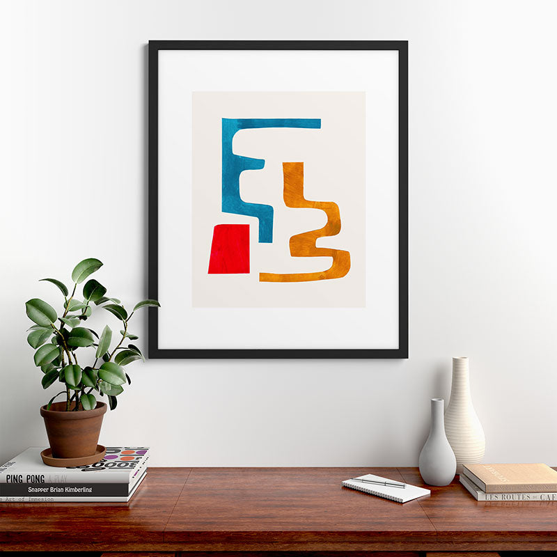 Falling Down' Paper Collage Fun Colorful Shapes Mid Century Minimal Abstract Art by Ejaaz Haniff Framed Art Print