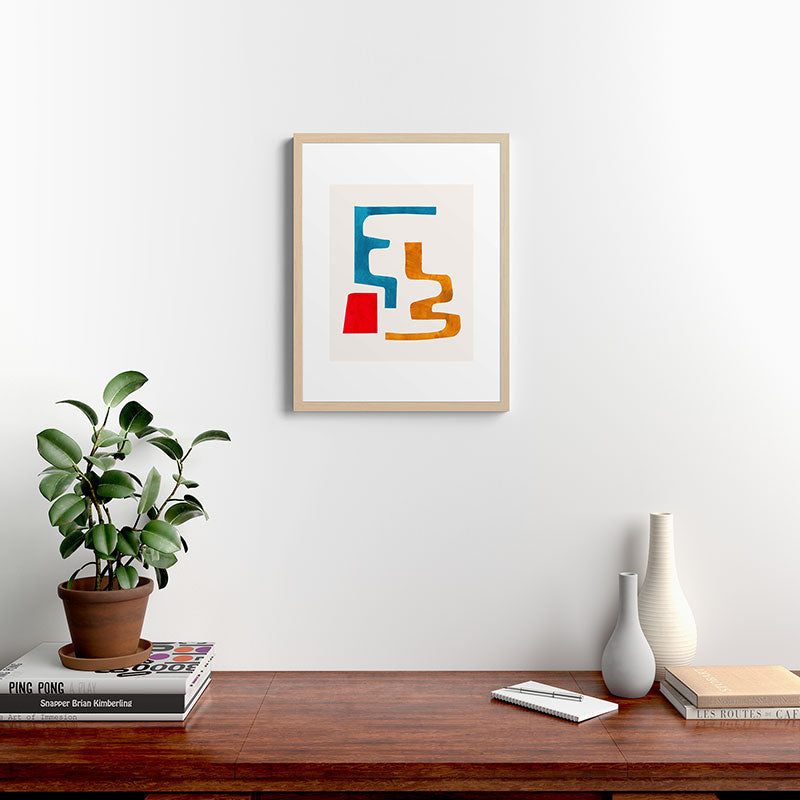 Falling Down' Paper Collage Fun Colorful Shapes Mid Century Minimal Abstract Art by Ejaaz Haniff Framed Art Print