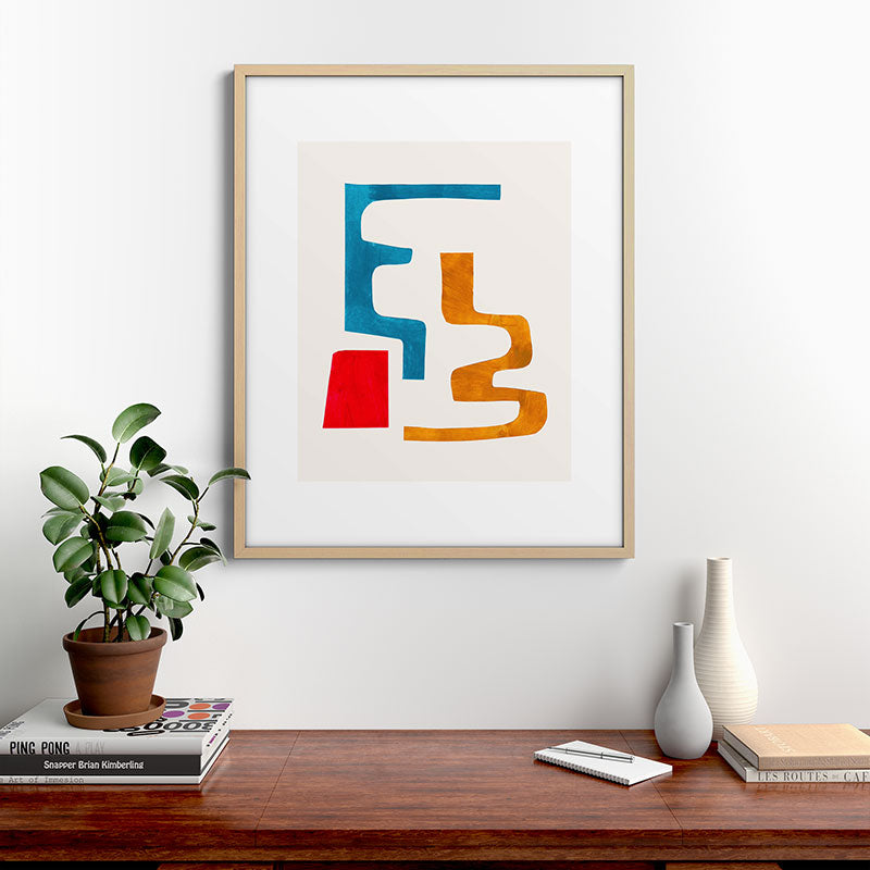 Falling Down' Paper Collage Fun Colorful Shapes Mid Century Minimal Abstract Art by Ejaaz Haniff Framed Art Print