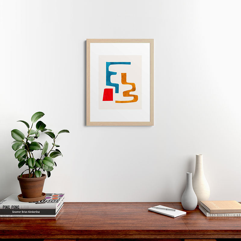 Falling Down' Paper Collage Fun Colorful Shapes Mid Century Minimal Abstract Art by Ejaaz Haniff Framed Art Print