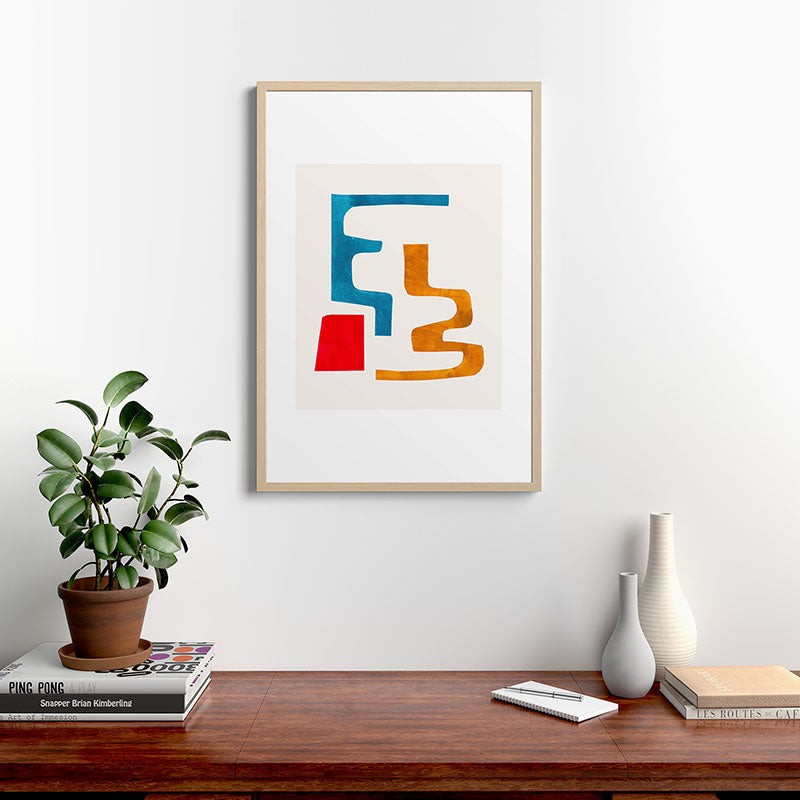Falling Down' Paper Collage Fun Colorful Shapes Mid Century Minimal Abstract Art by Ejaaz Haniff Framed Art Print