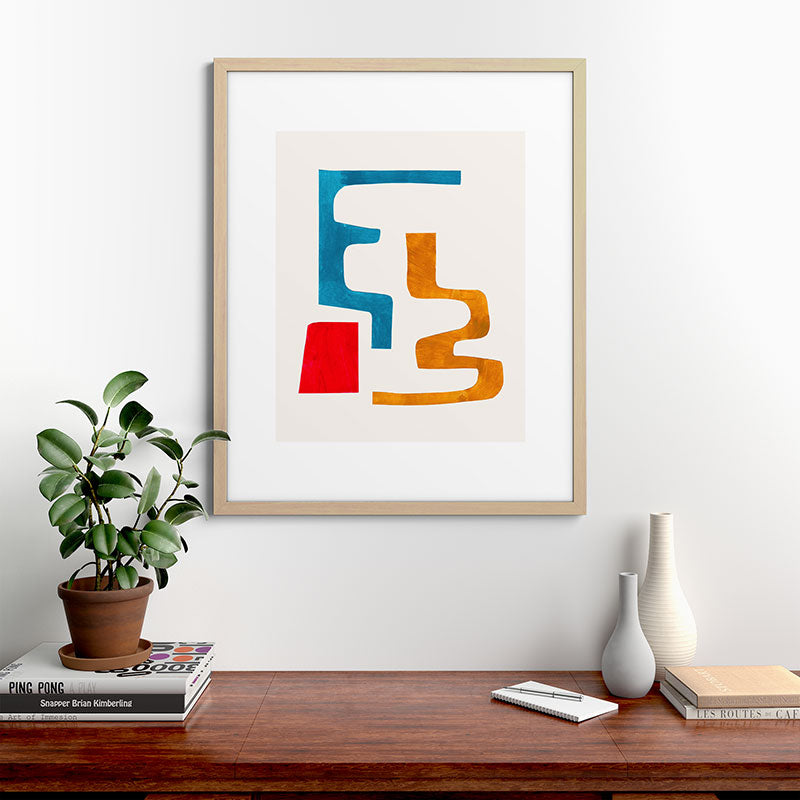 Falling Down' Paper Collage Fun Colorful Shapes Mid Century Minimal Abstract Art by Ejaaz Haniff Framed Art Print