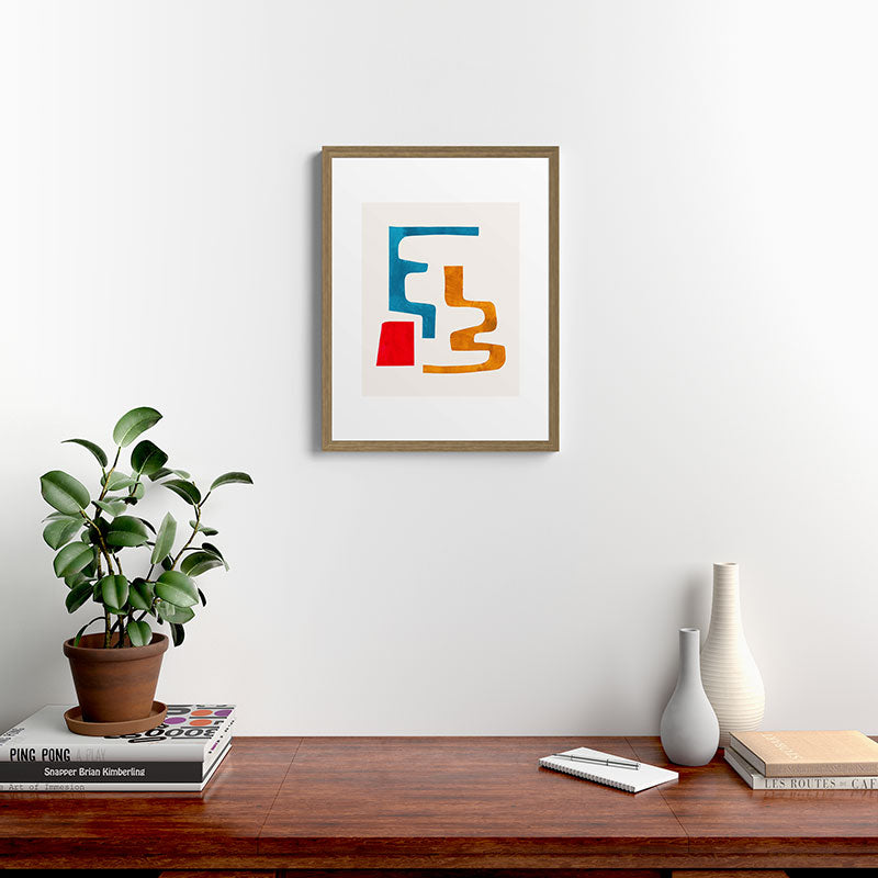 Falling Down' Paper Collage Fun Colorful Shapes Mid Century Minimal Abstract Art by Ejaaz Haniff Framed Art Print