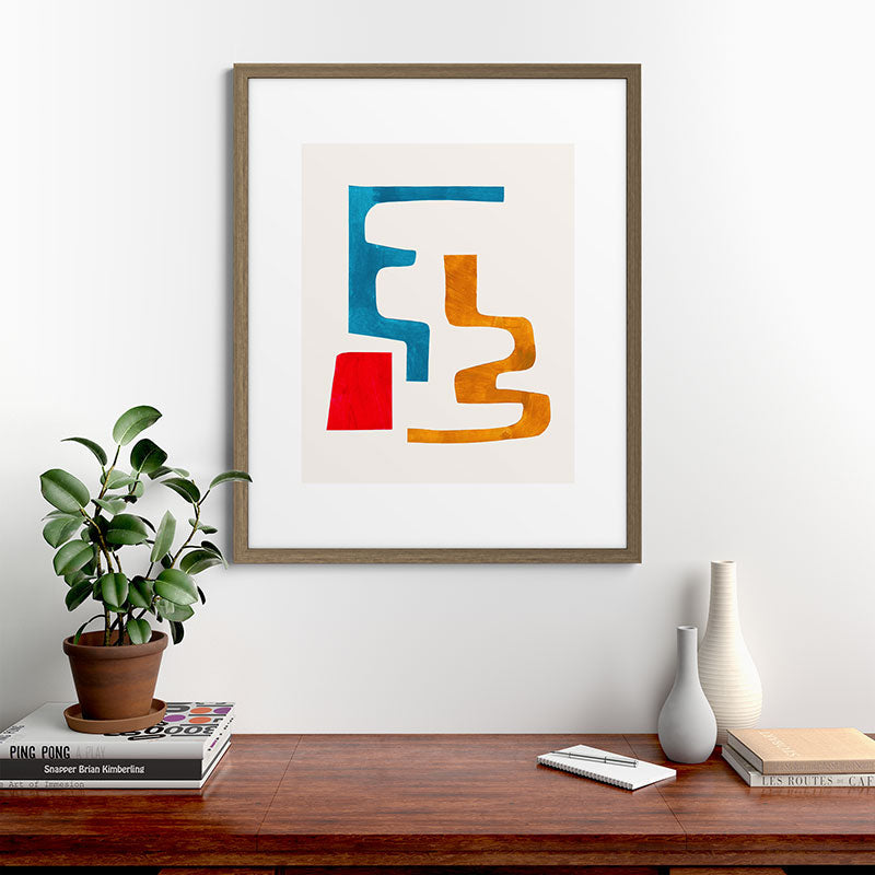 Falling Down' Paper Collage Fun Colorful Shapes Mid Century Minimal Abstract Art by Ejaaz Haniff Framed Art Print