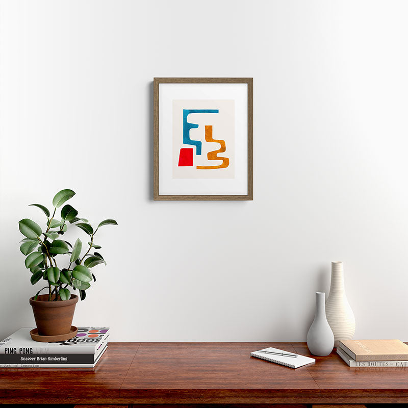 Falling Down' Paper Collage Fun Colorful Shapes Mid Century Minimal Abstract Art by Ejaaz Haniff Framed Art Print