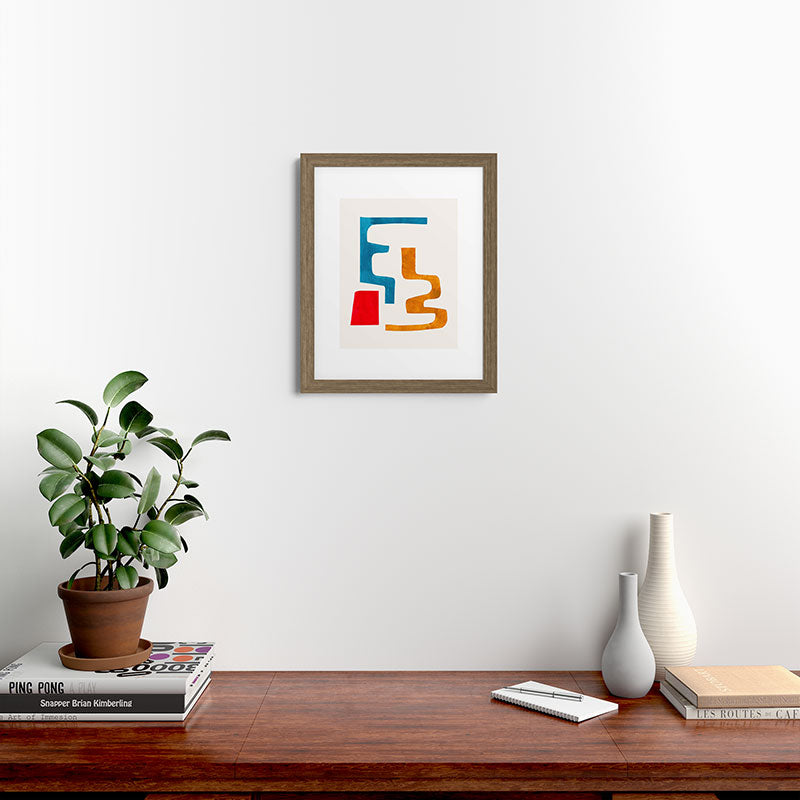 Falling Down' Paper Collage Fun Colorful Shapes Mid Century Minimal Abstract Art by Ejaaz Haniff Framed Art Print