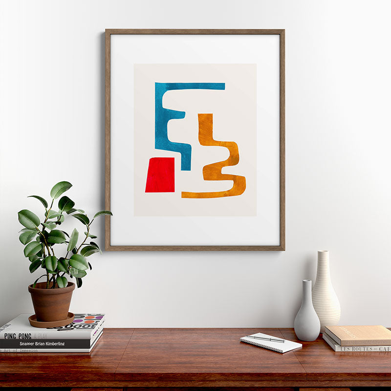 Falling Down' Paper Collage Fun Colorful Shapes Mid Century Minimal Abstract Art by Ejaaz Haniff Framed Art Print