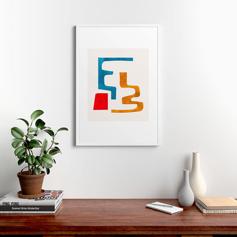 Falling Down' Paper Collage Fun Colorful Shapes Mid Century Minimal Abstract Art by Ejaaz Haniff Framed Art Print