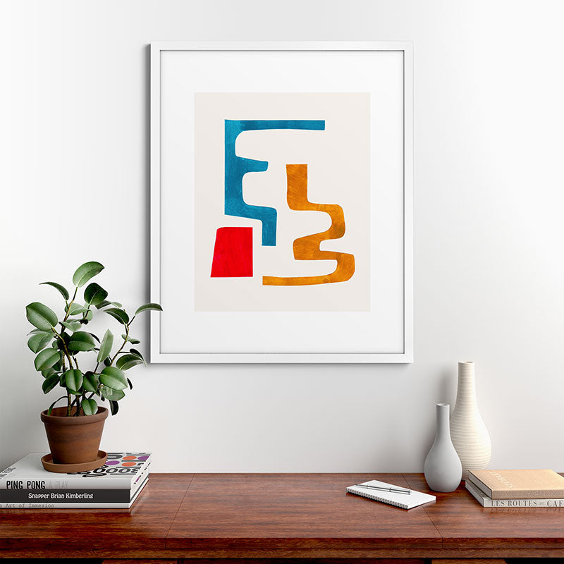 Falling Down' Paper Collage Fun Colorful Shapes Mid Century Minimal Abstract Art by Ejaaz Haniff Framed Art Print