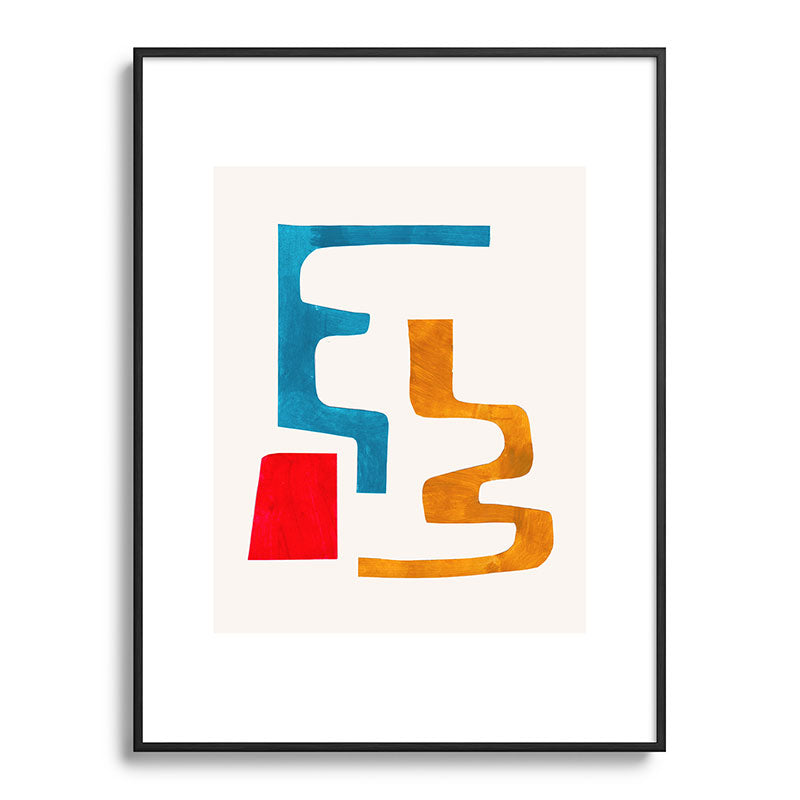 Falling Down' Paper Collage Fun Colorful Shapes Mid Century Minimal Abstract Art by Ejaaz Haniff Framed Art Print