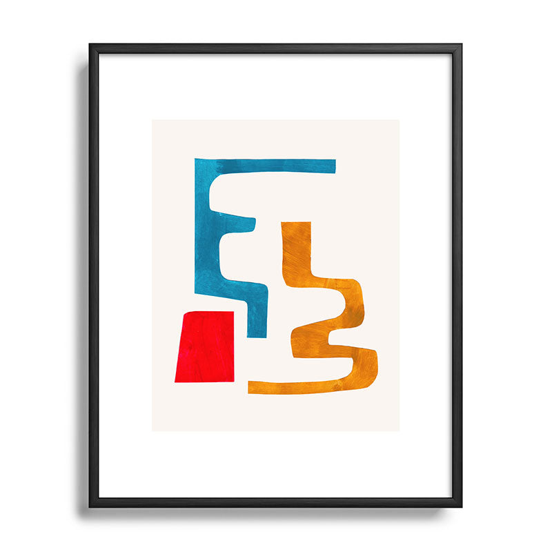 Falling Down' Paper Collage Fun Colorful Shapes Mid Century Minimal Abstract Art by Ejaaz Haniff Framed Art Print