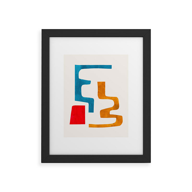 Falling Down' Paper Collage Fun Colorful Shapes Mid Century Minimal Abstract Art by Ejaaz Haniff Framed Art Print
