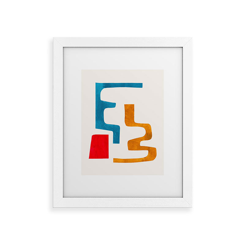 Falling Down' Paper Collage Fun Colorful Shapes Mid Century Minimal Abstract Art by Ejaaz Haniff Framed Art Print