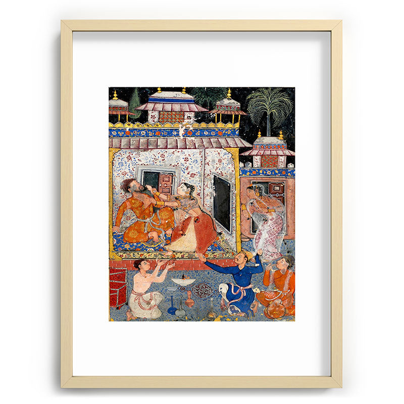 -India, Mughal, Reign of Akbar, 16th century - Page from Tales of a Parrot (Tuti-nama)- Eighth night- The deceitful wife a - 1962 Framed Art Print