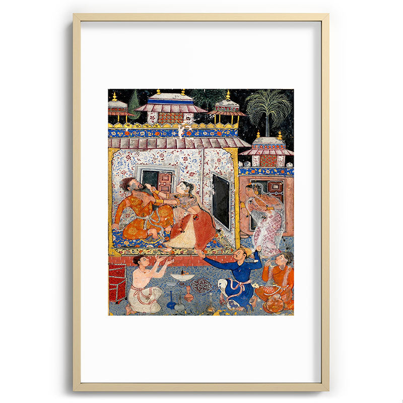-India, Mughal, Reign of Akbar, 16th century - Page from Tales of a Parrot (Tuti-nama)- Eighth night- The deceitful wife a - 1962 Framed Art Print