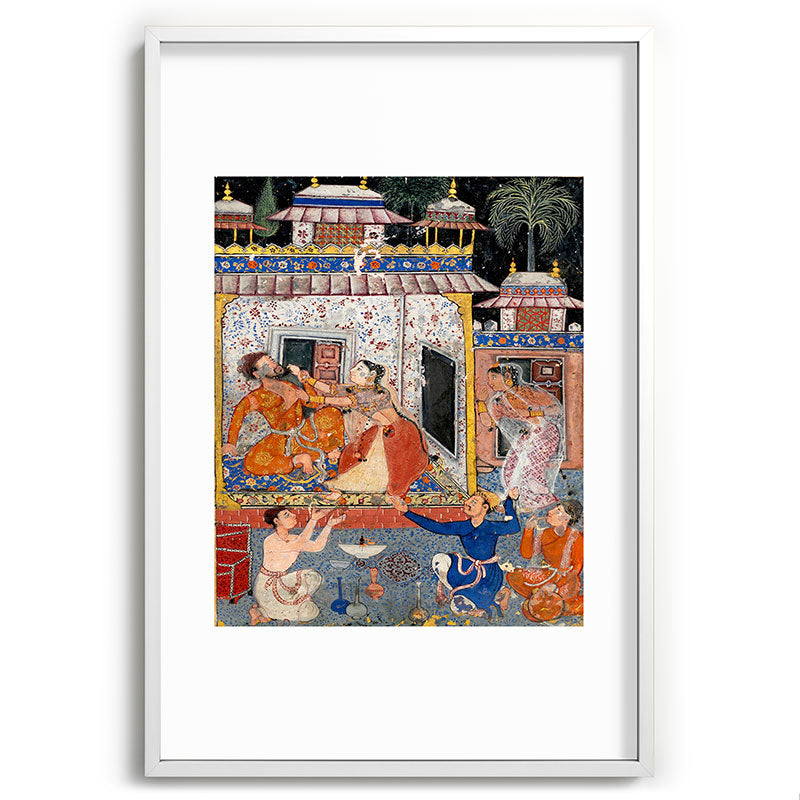 -India, Mughal, Reign of Akbar, 16th century - Page from Tales of a Parrot (Tuti-nama)- Eighth night- The deceitful wife a - 1962 Framed Art Print
