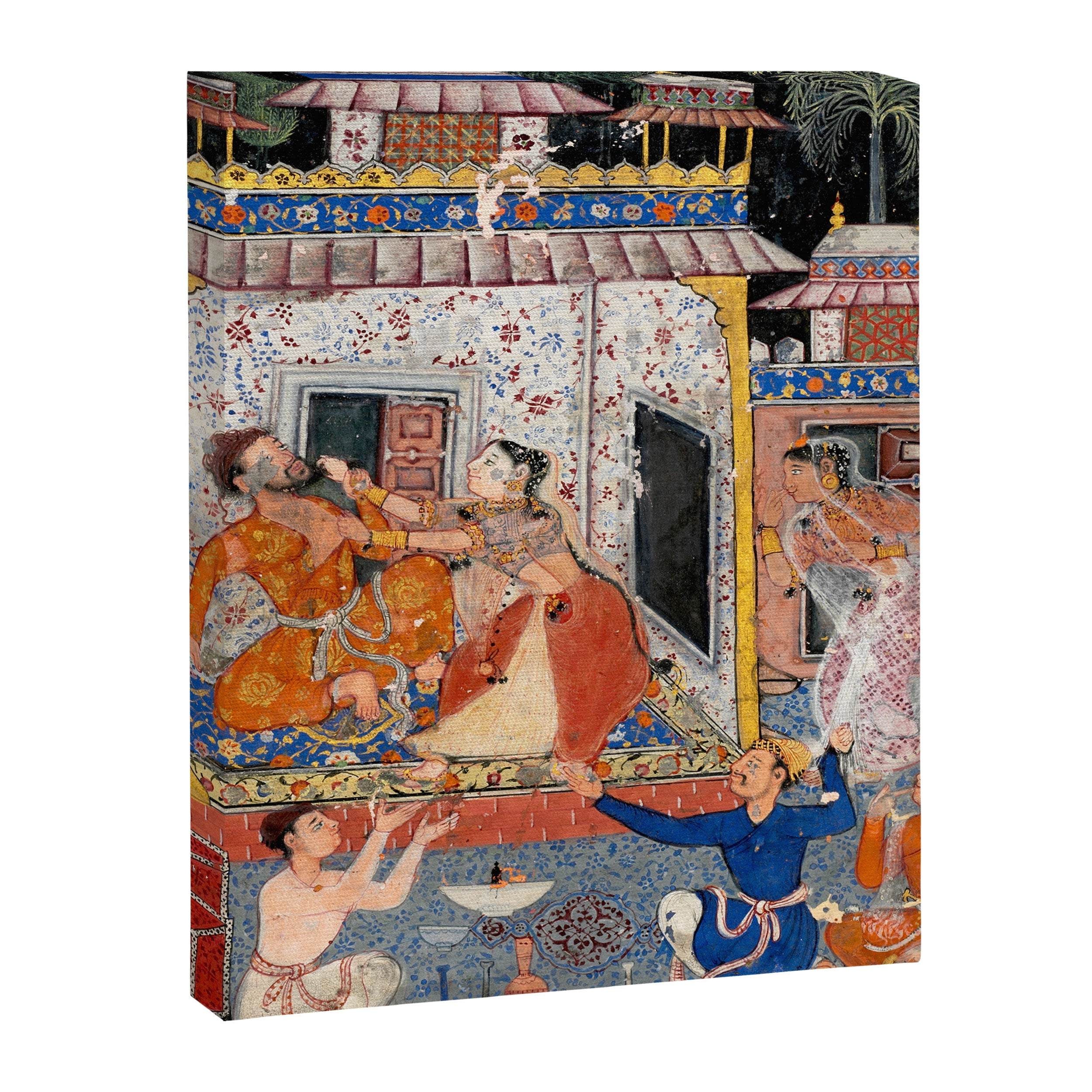 -India, Mughal, Reign of Akbar, 16th century - Page from Tales of a Parrot (Tuti-nama)- Eighth night- The deceitful wife a - 1962 Canvas Print