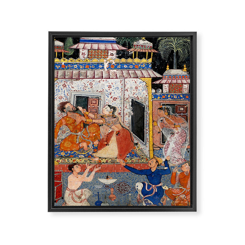 -India, Mughal, Reign of Akbar, 16th century - Page from Tales of a Parrot (Tuti-nama)- Eighth night- The deceitful wife a - 1962 Framed Canvas Print