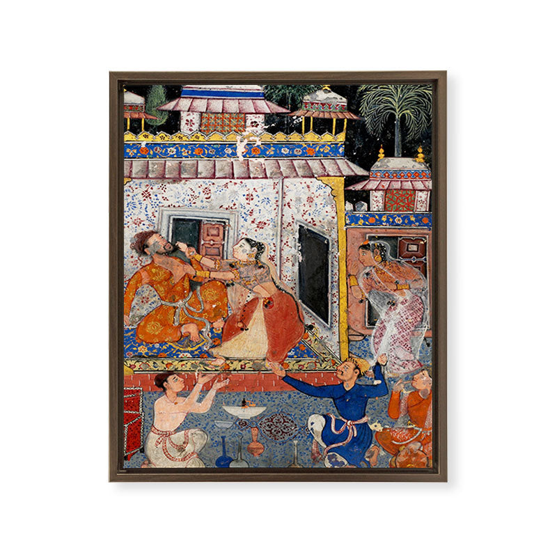 -India, Mughal, Reign of Akbar, 16th century - Page from Tales of a Parrot (Tuti-nama)- Eighth night- The deceitful wife a - 1962 Framed Canvas Print
