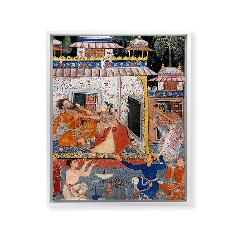 -India, Mughal, Reign of Akbar, 16th century - Page from Tales of a Parrot (Tuti-nama)- Eighth night- The deceitful wife a - 1962 Framed Canvas Print