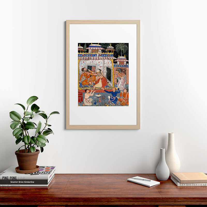 -India, Mughal, Reign of Akbar, 16th century - Page from Tales of a Parrot (Tuti-nama)- Eighth night- The deceitful wife a - 1962 Framed Art Print
