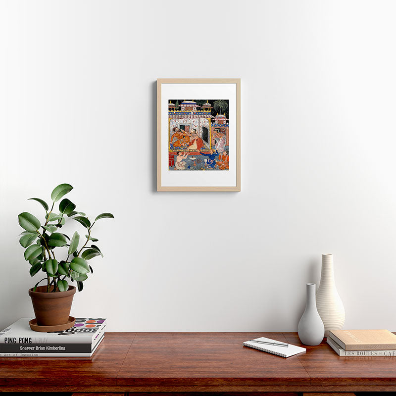 -India, Mughal, Reign of Akbar, 16th century - Page from Tales of a Parrot (Tuti-nama)- Eighth night- The deceitful wife a - 1962 Framed Art Print