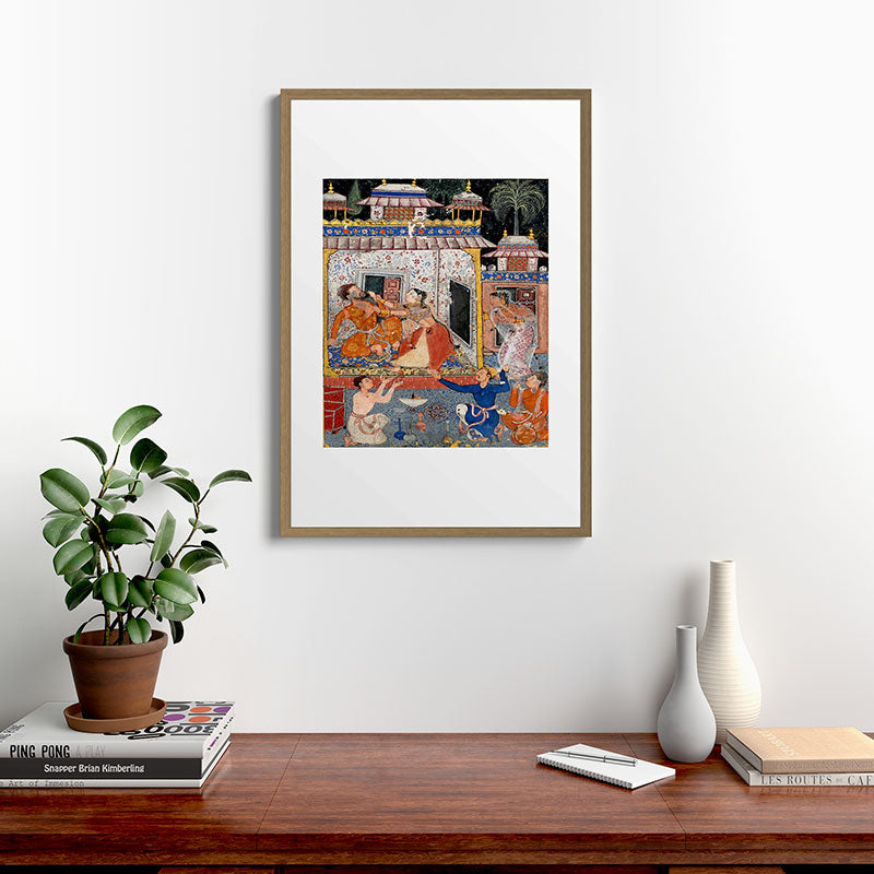 -India, Mughal, Reign of Akbar, 16th century - Page from Tales of a Parrot (Tuti-nama)- Eighth night- The deceitful wife a - 1962 Framed Art Print