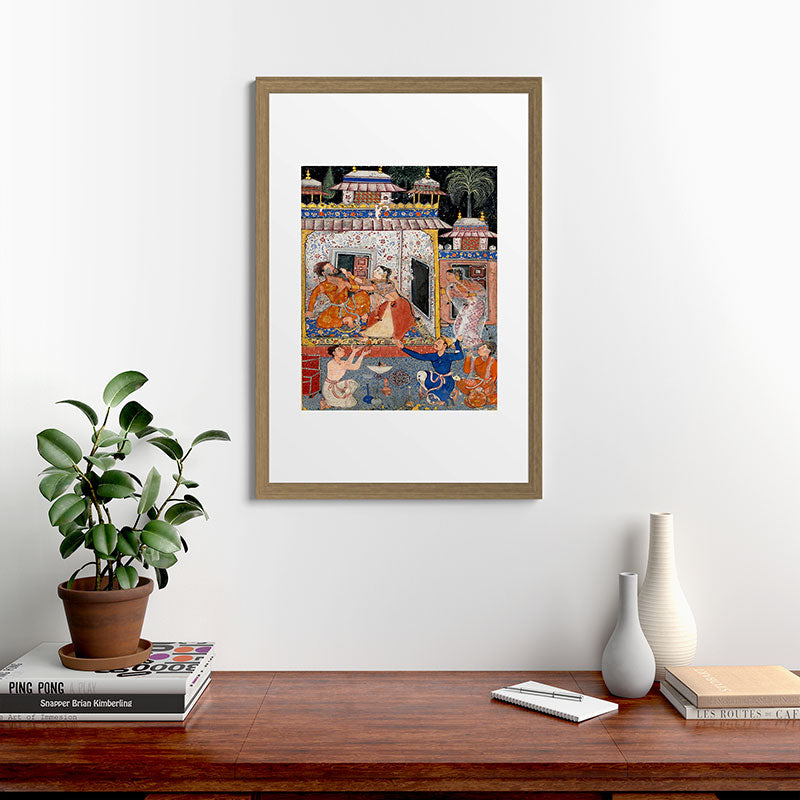 -India, Mughal, Reign of Akbar, 16th century - Page from Tales of a Parrot (Tuti-nama)- Eighth night- The deceitful wife a - 1962 Framed Art Print