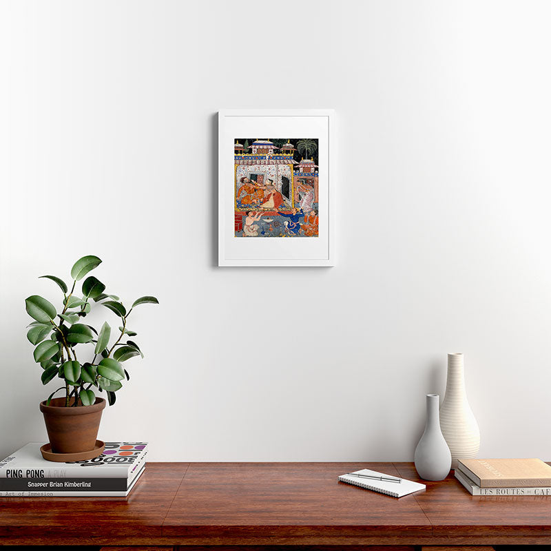 -India, Mughal, Reign of Akbar, 16th century - Page from Tales of a Parrot (Tuti-nama)- Eighth night- The deceitful wife a - 1962 Framed Art Print