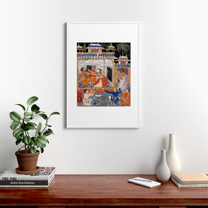 -India, Mughal, Reign of Akbar, 16th century - Page from Tales of a Parrot (Tuti-nama)- Eighth night- The deceitful wife a - 1962 Framed Art Print