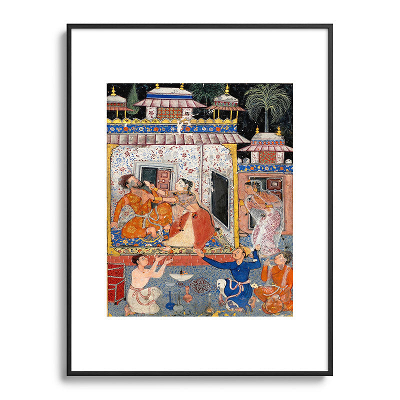 -India, Mughal, Reign of Akbar, 16th century - Page from Tales of a Parrot (Tuti-nama)- Eighth night- The deceitful wife a - 1962 Framed Art Print