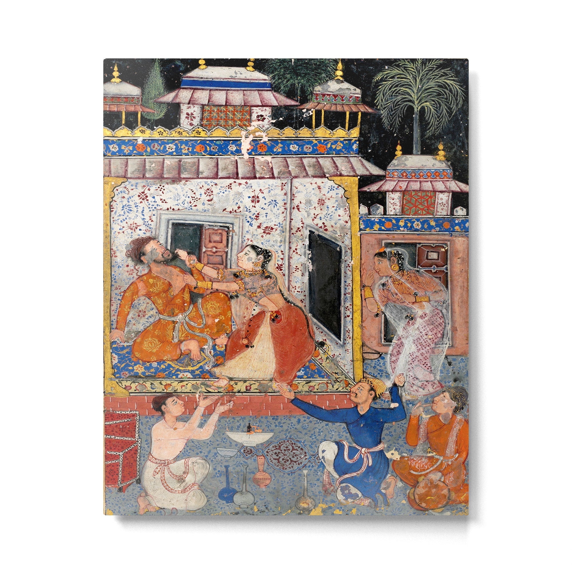 -India, Mughal, Reign of Akbar, 16th century - Page from Tales of a Parrot (Tuti-nama)- Eighth night- The deceitful wife a - 1962 Metal Print
